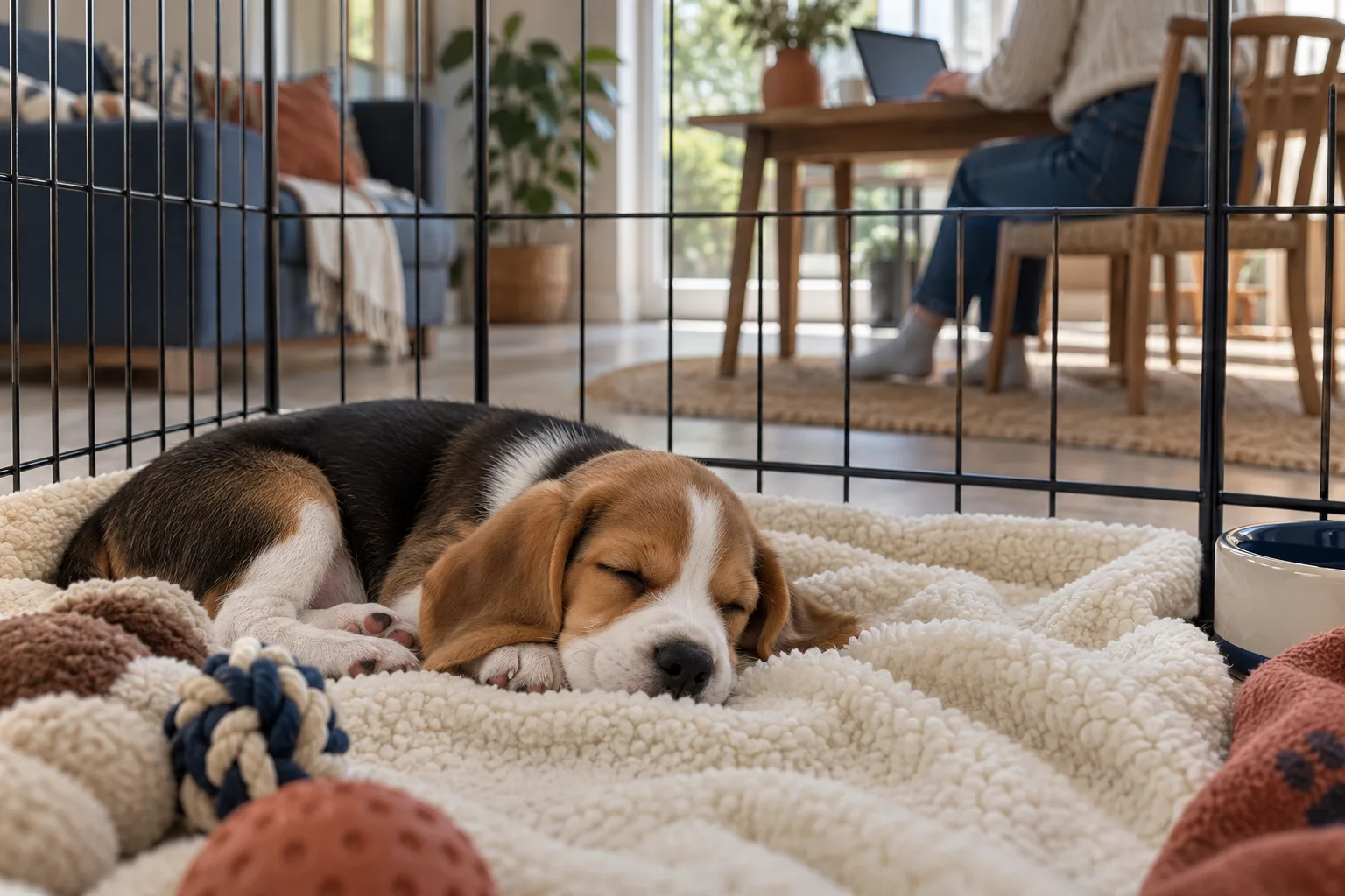 A beagle puppy asleep on a cream blanket in a playpen while an adult works at a laptop in the background