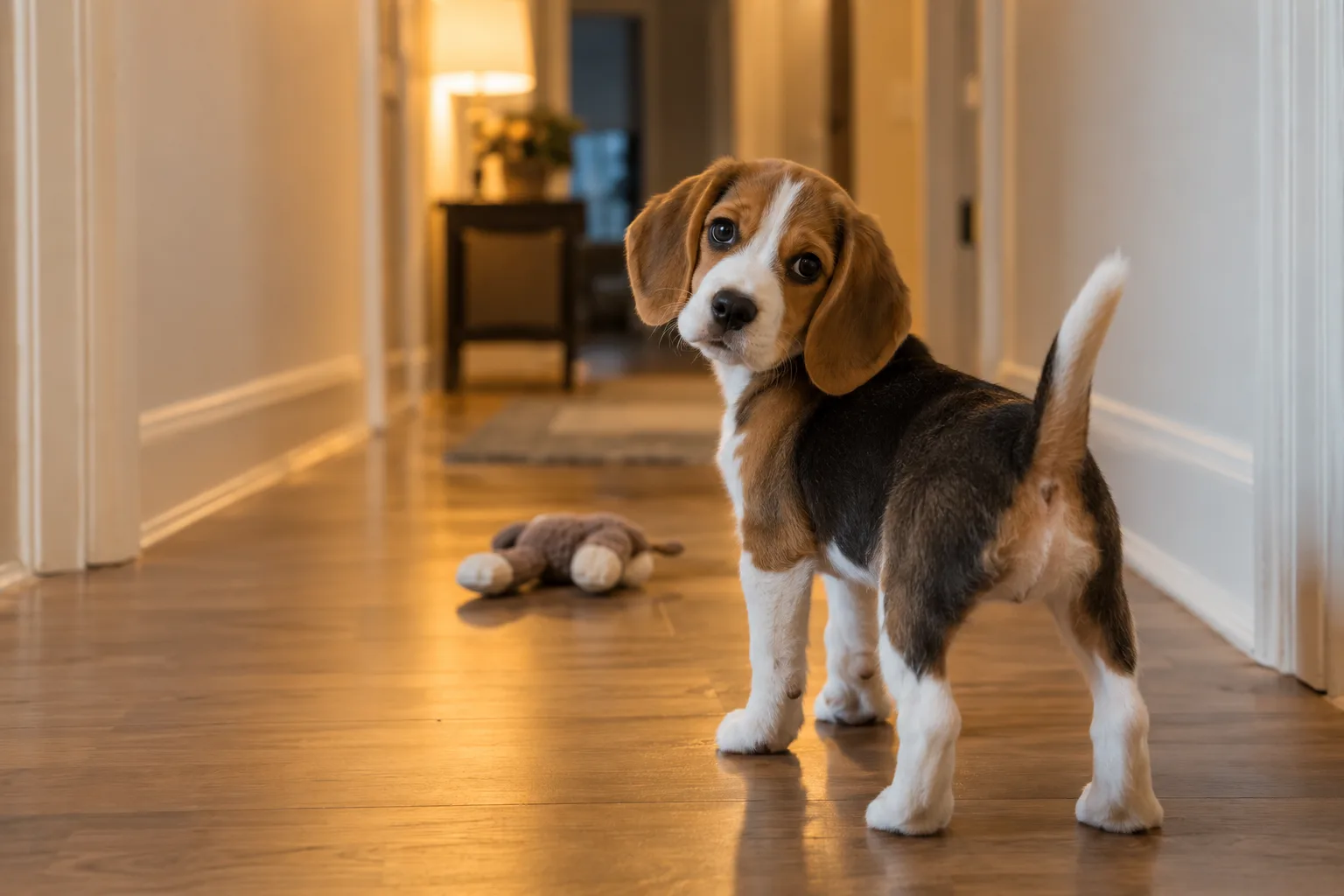 A beagle puppy in a lamp-lit hallway looking back over its shoulder, a plush toy on the floor behind it