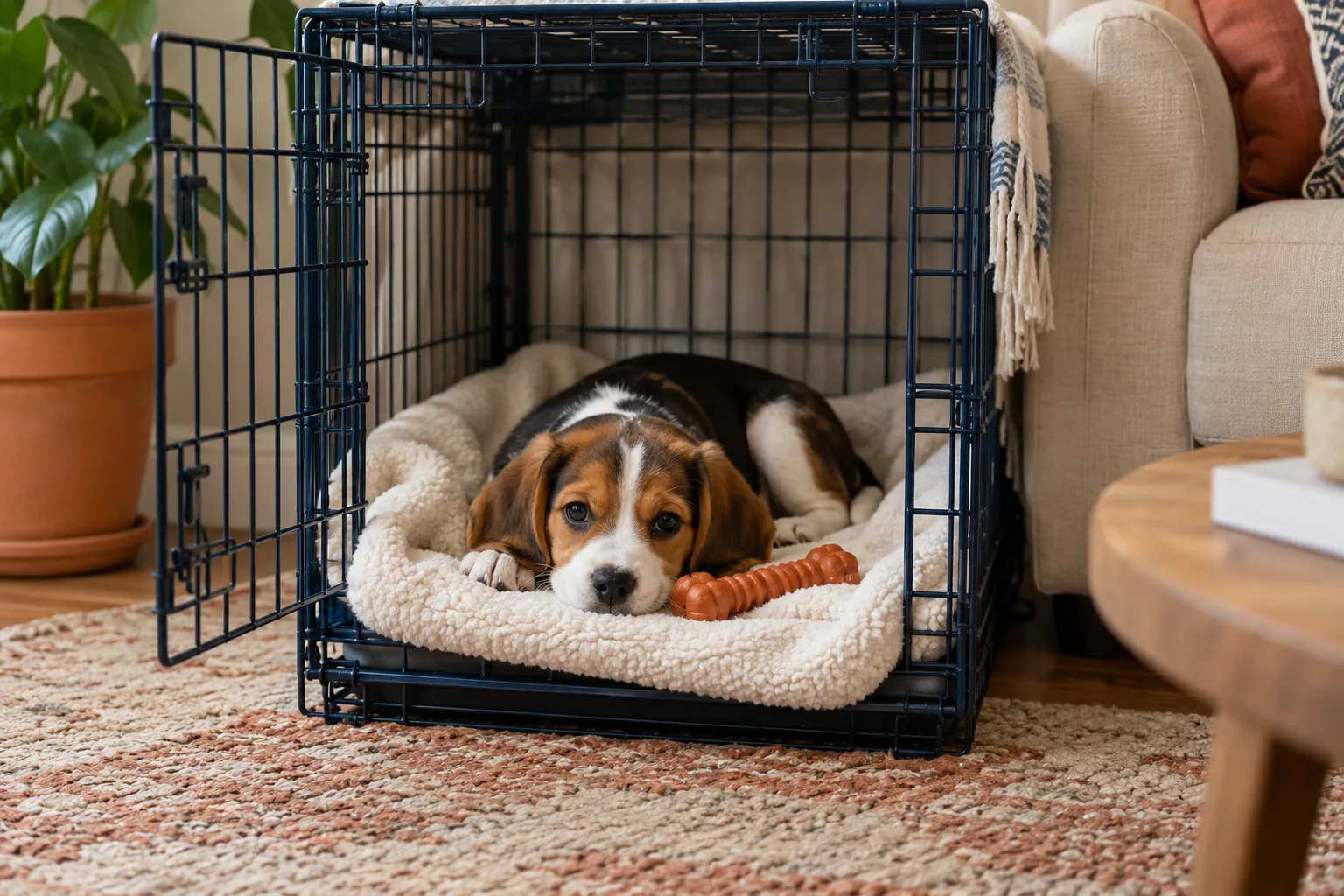 A beagle puppy lying on a cream fleece bed inside an open navy wire crate next to a sofa, a chew toy beside its paws