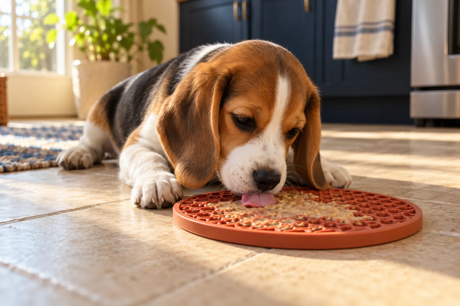 A beagle puppy lying on a kitchen floor licking food from a terracotta lick mat in morning sunlight