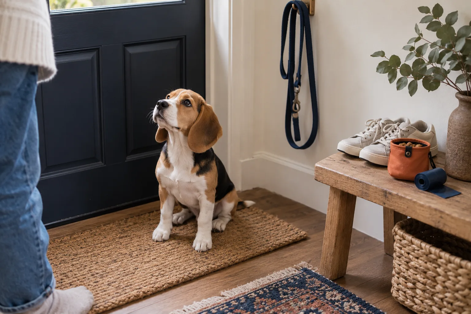 A beagle puppy sits on a doormat looking up beside a bench with sneakers, a terracotta treat pouch and poop bags, a navy leash on a hook