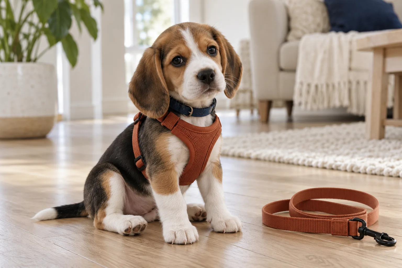 A beagle puppy sitting on a light wood floor wearing a navy collar and a terracotta harness, with a terracotta leash coiled beside it