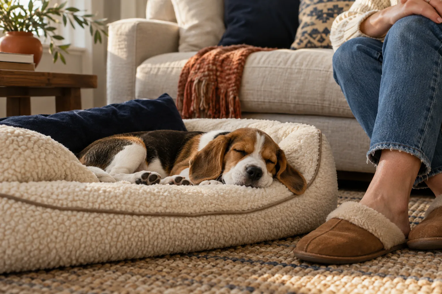 A beagle puppy sleeps on a cream bed beside an adult seated on a sofa
