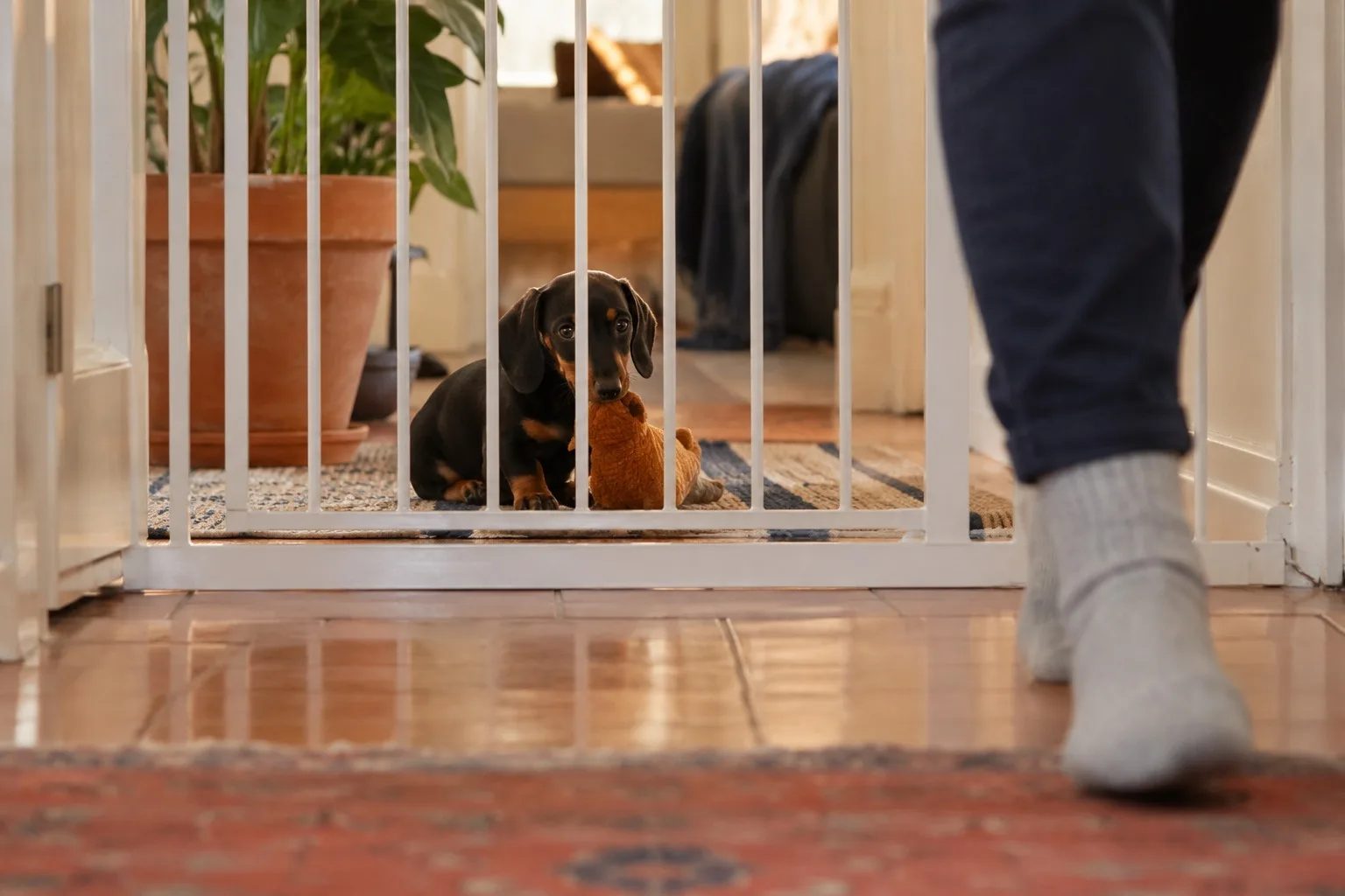 A black and tan Dachshund puppy holds a plush toy behind a white baby gate in a hallway while a person in socks walks past