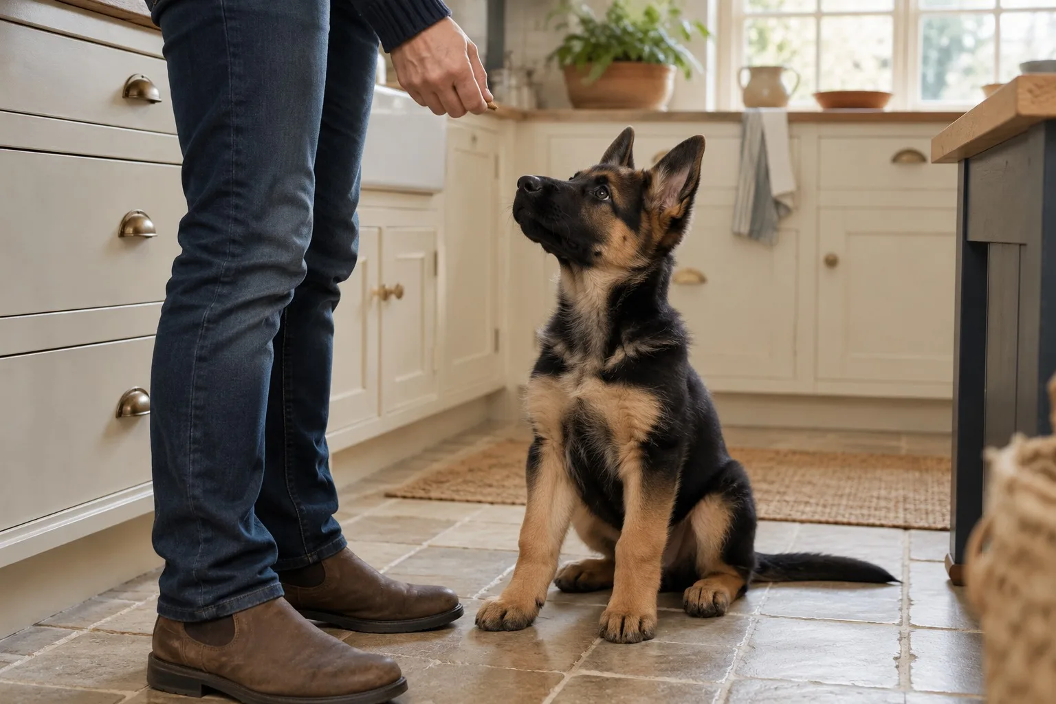 A black and tan German Shepherd puppy sits on a stone tile kitchen floor looking up at a person holding a small treat