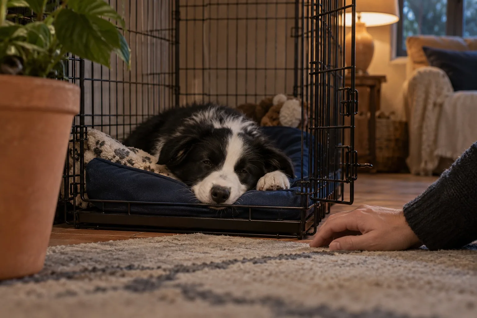 A black and white Border Collie puppy rests with half-closed eyes on a navy cushion in a wire crate while a hand rests on the rug nearby