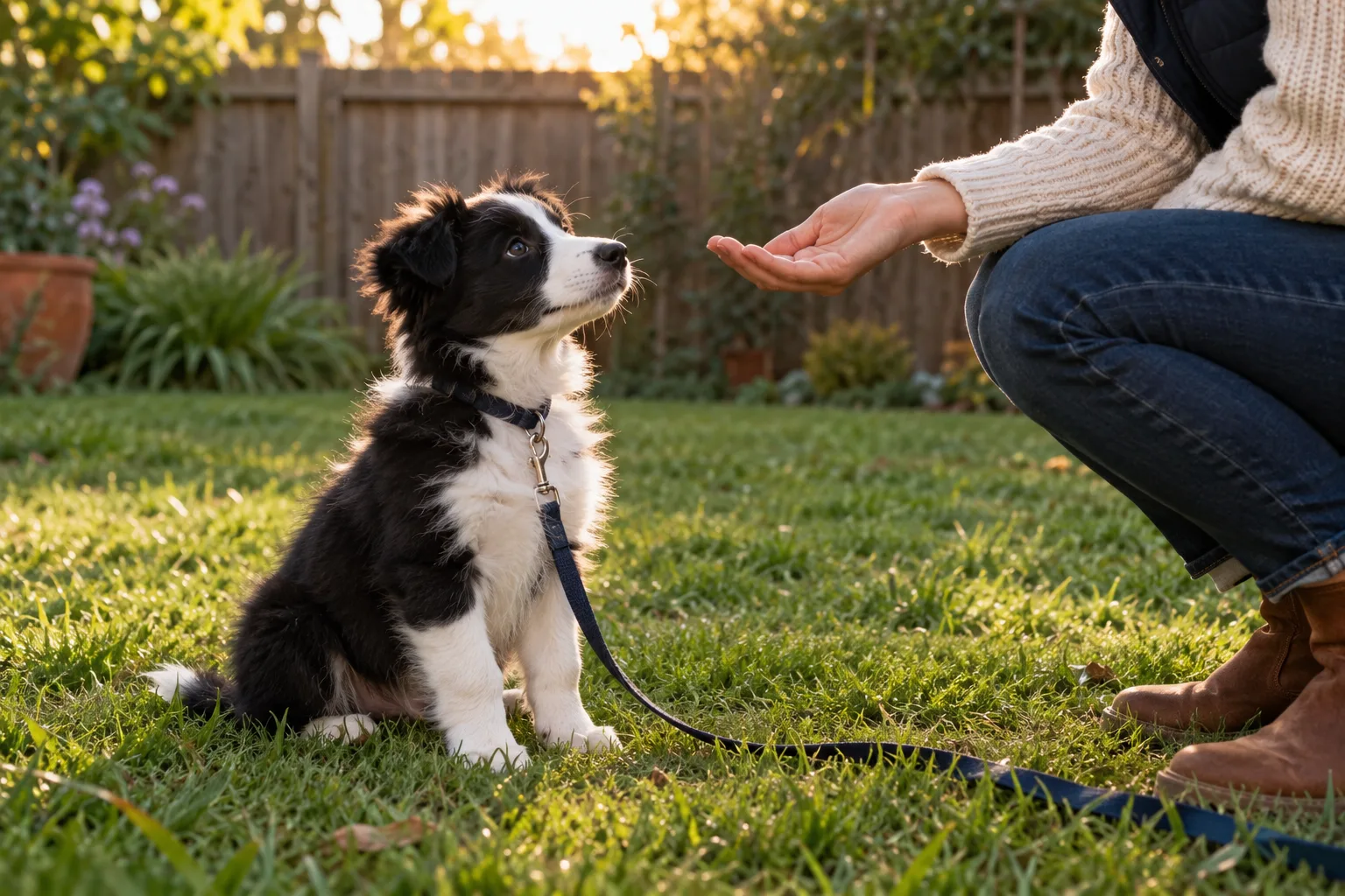 A black and white border collie puppy sitting on a leash in a sunny backyard, looking up at a crouching person holding out an open hand