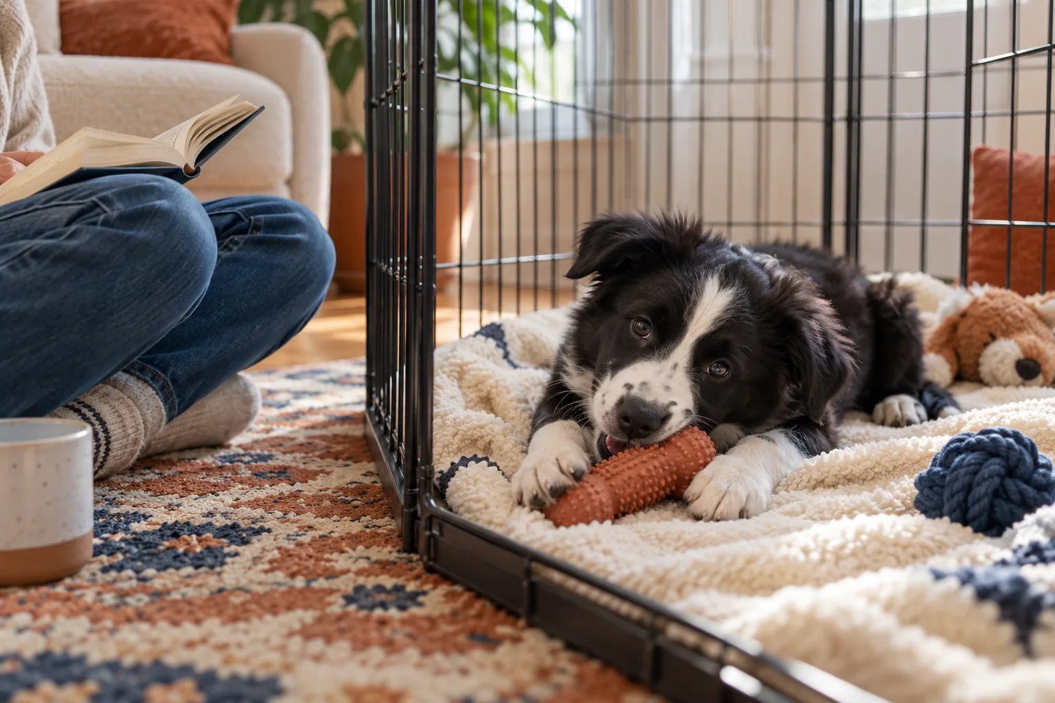 A black and white puppy lying on a fleece blanket in a playpen chewing a rubber toy while a person sits on the rug beside the pen reading a book