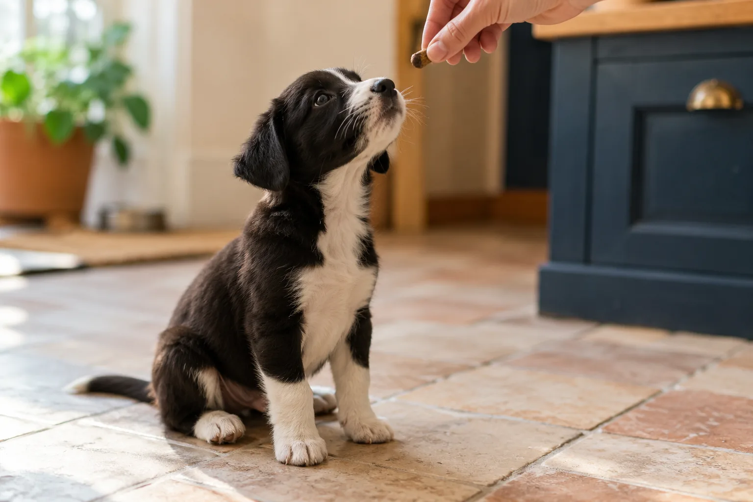 A black and white puppy sitting on terracotta kitchen tiles, nose raised toward a treat held just above its head