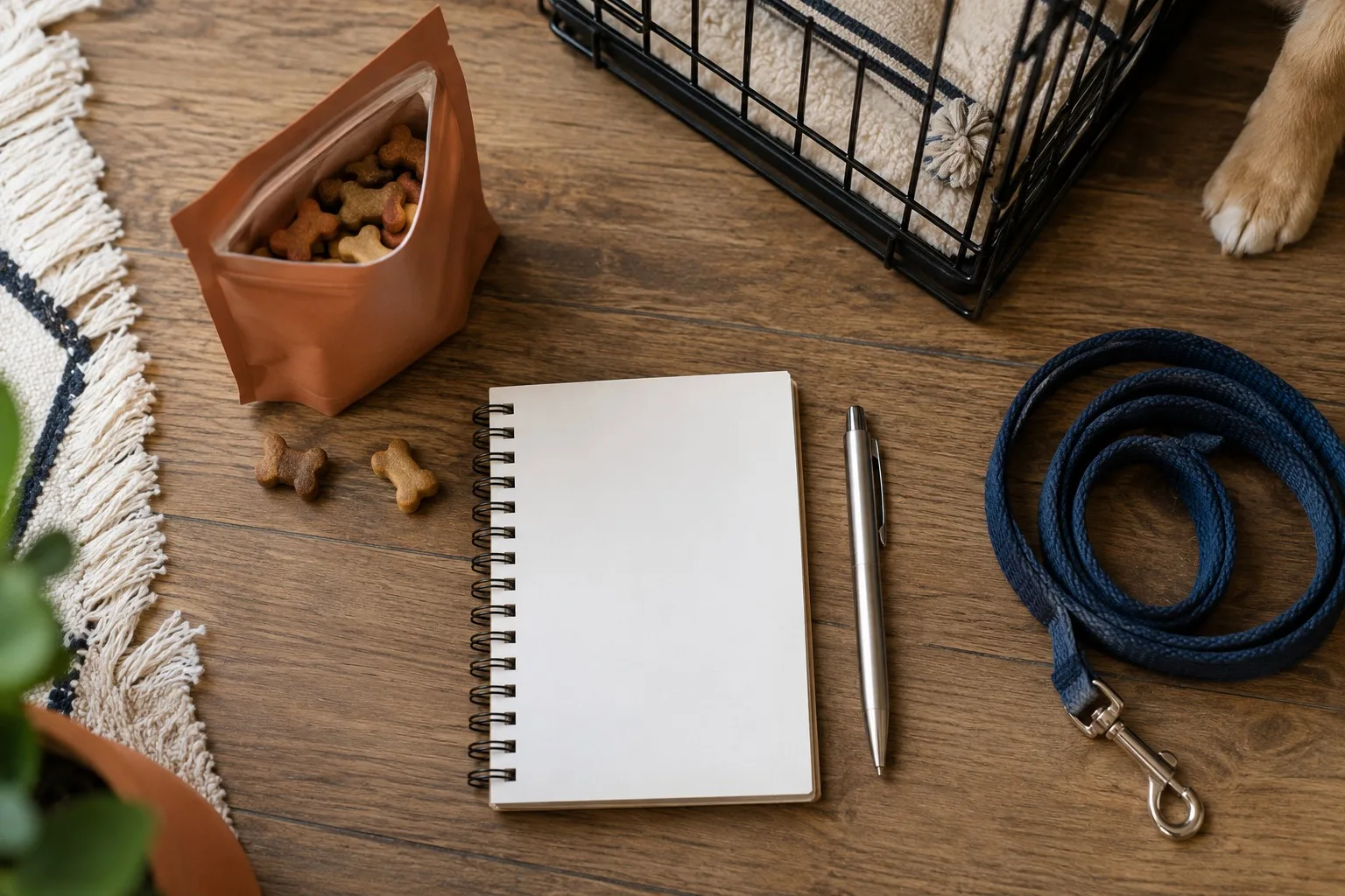 A blank spiral notebook and pen beside a pouch of bone-shaped treats and a navy rope leash next to a wire crate, a puppy paw just in frame