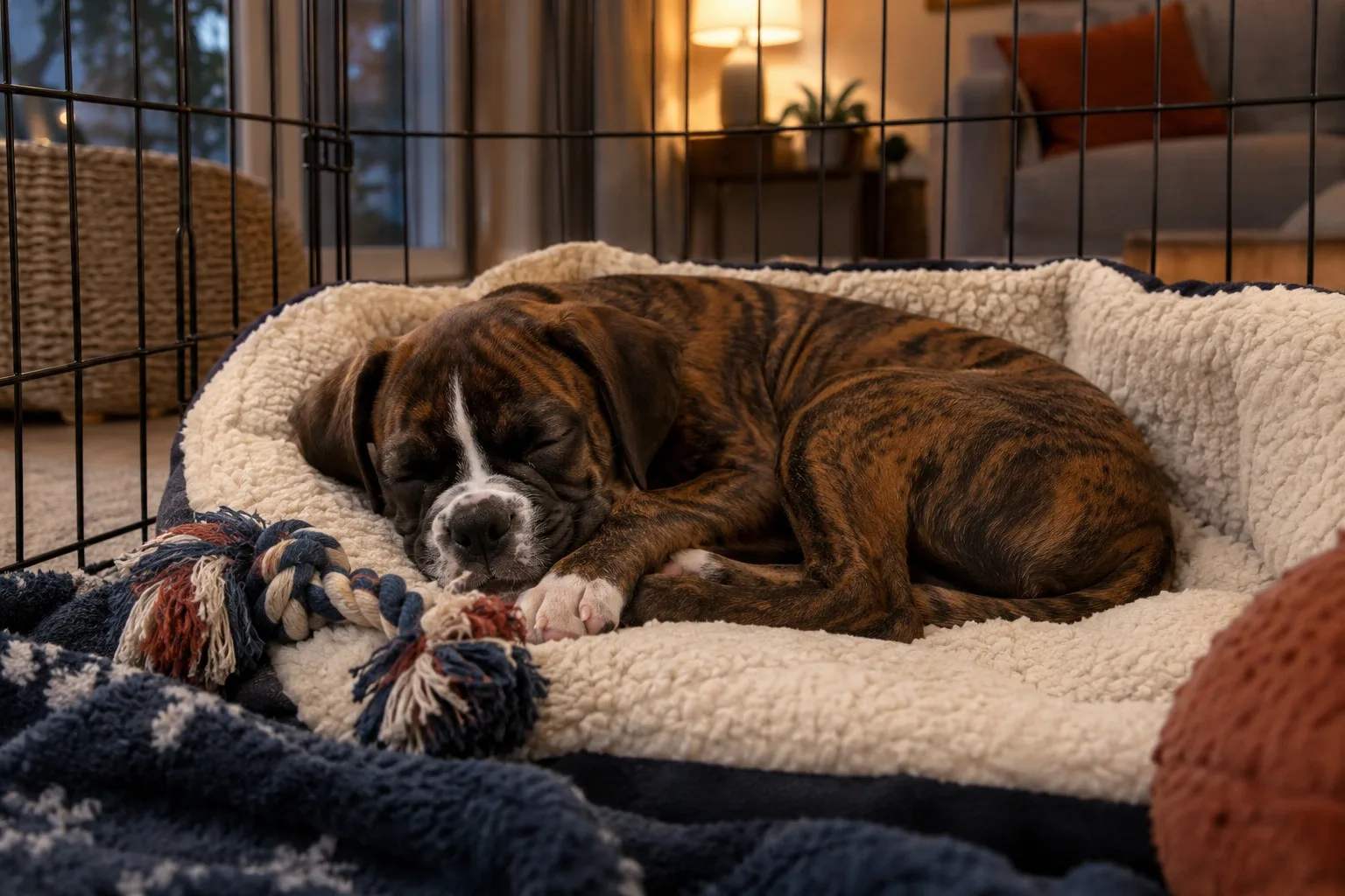 A brindle Boxer puppy sleeps curled on a cream fleece bed inside a black playpen in a lamp-lit living room, a rope toy beside it