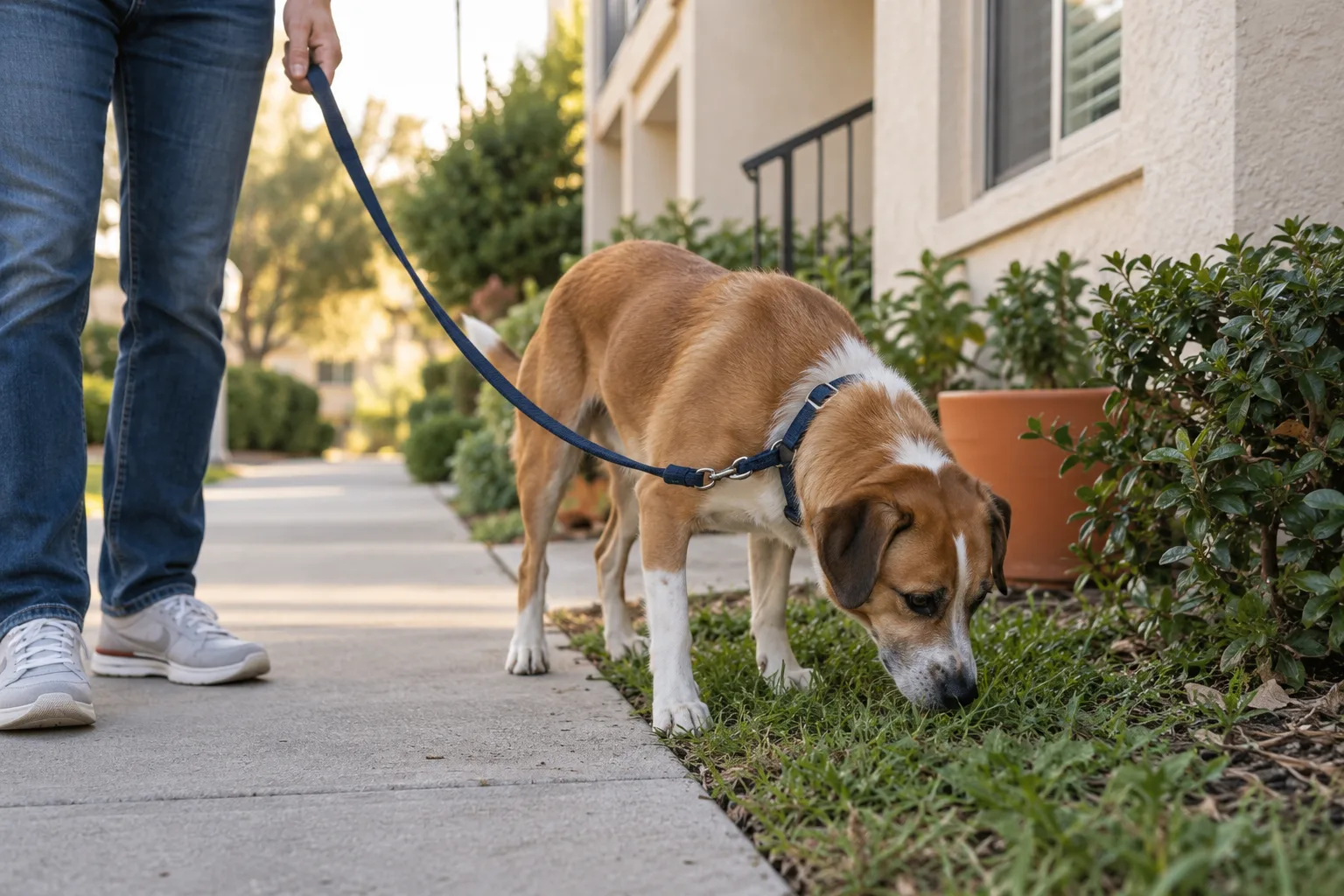 A brown and white mixed-breed dog on a navy leash and harness sniffing a strip of grass beside an apartment sidewalk while the owner stands still holding the leash