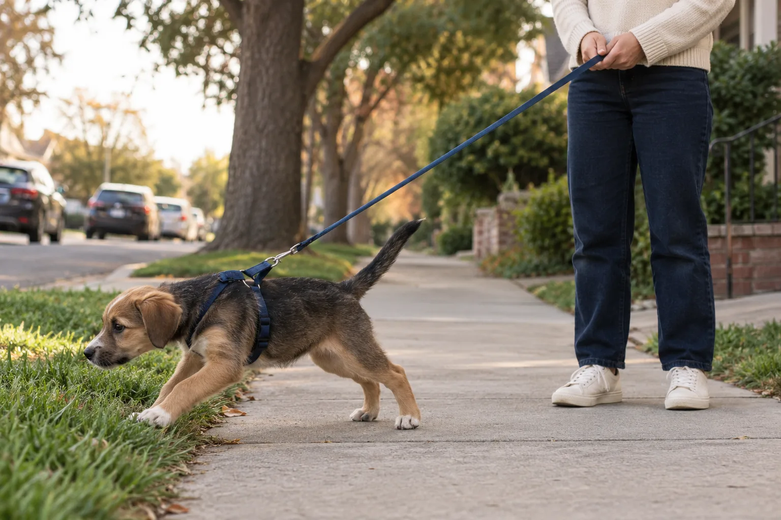 A brown puppy in a navy harness straining toward the grass on a tight leash while a person stands still on the sidewalk holding the leash at their waist