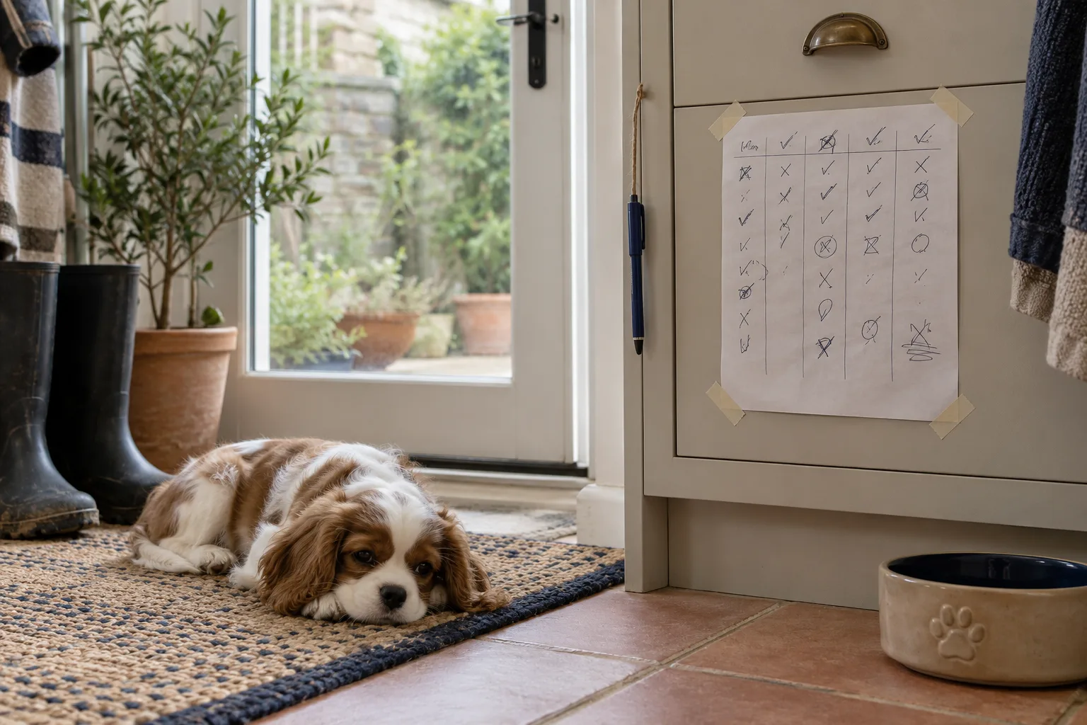 A cavalier puppy lies on a mat below a handwritten log sheet taped to a kitchen cabinet with a pen on a string
