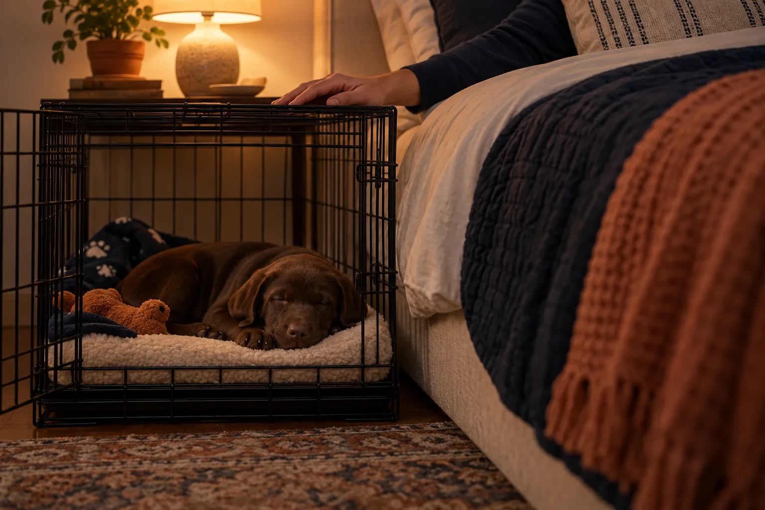 A chocolate Labrador puppy asleep on a cream fleece bed inside a wire crate beside an adult's bed, a hand resting on the crate top under a lamp