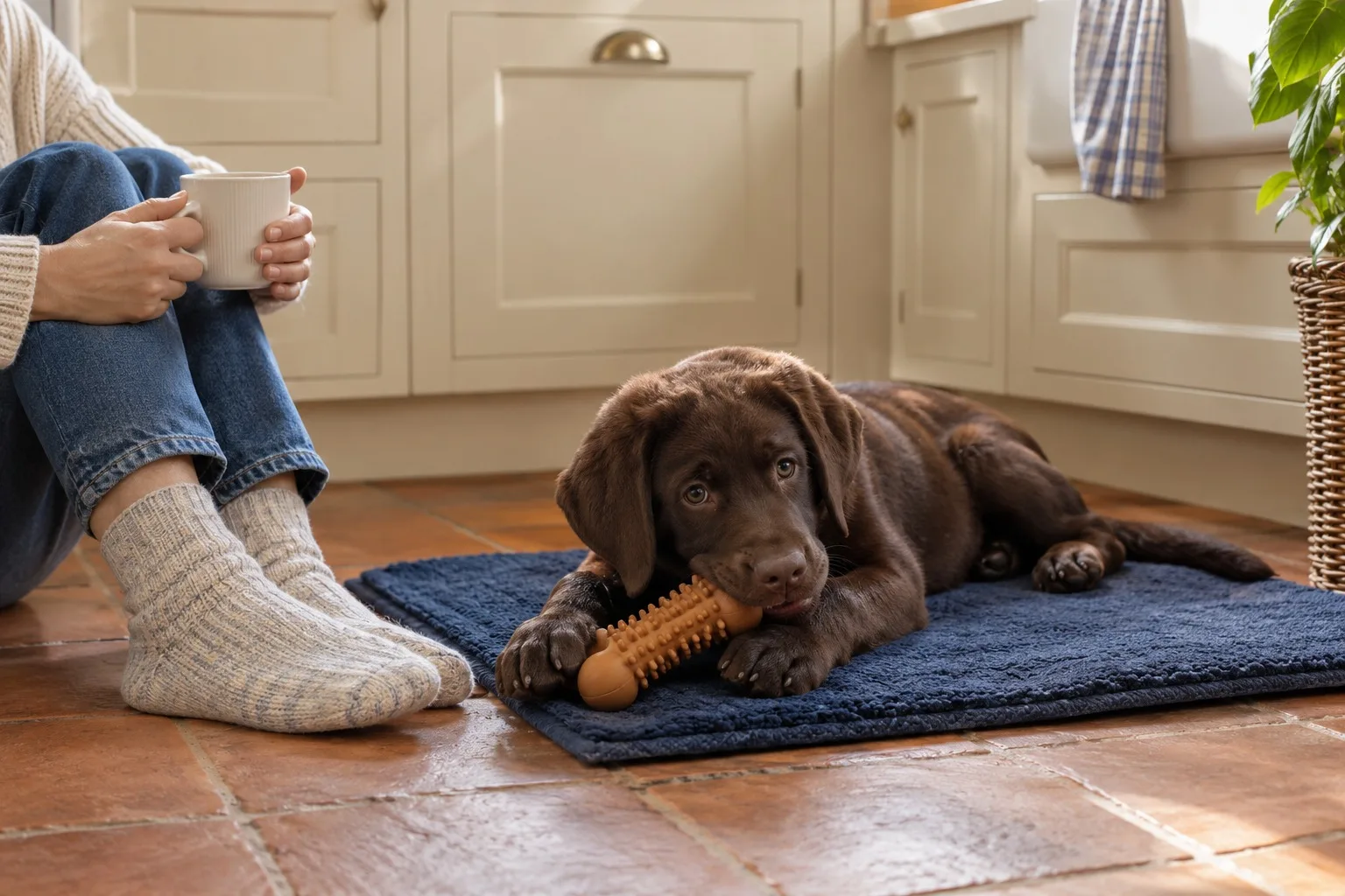 A chocolate Labrador puppy lies on a navy mat chewing a terracotta rubber chew while a person in jeans sits on the kitchen floor holding a mug