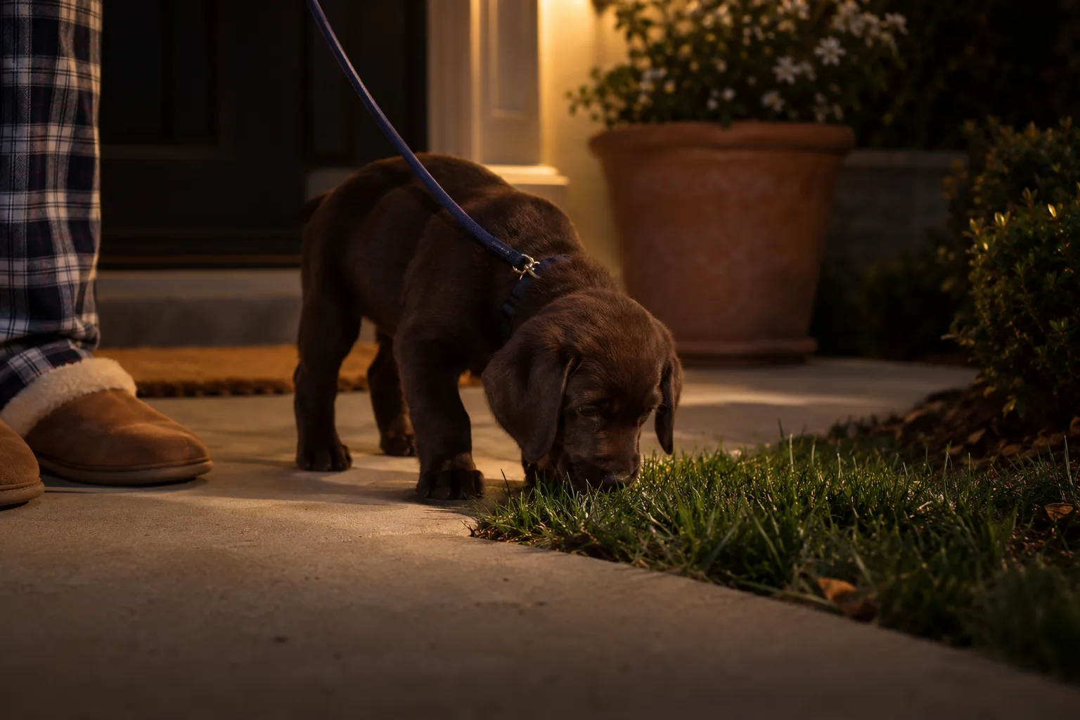 A chocolate Labrador puppy on a navy leash sniffs a strip of grass under a warm porch light at night, next to a person in plaid pajamas and slippers