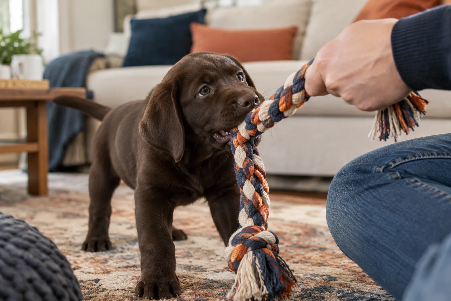 A chocolate Labrador puppy tugs a braided navy, cream and terracotta rope toy held by a person kneeling on a living room rug