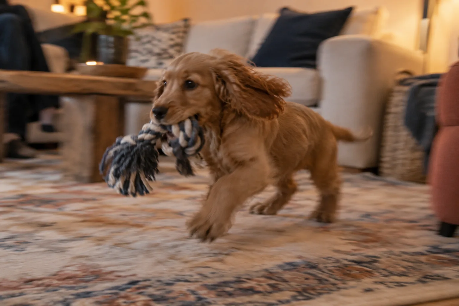 A cocker spaniel puppy runs across a living room rug at dusk with a rope toy in its mouth