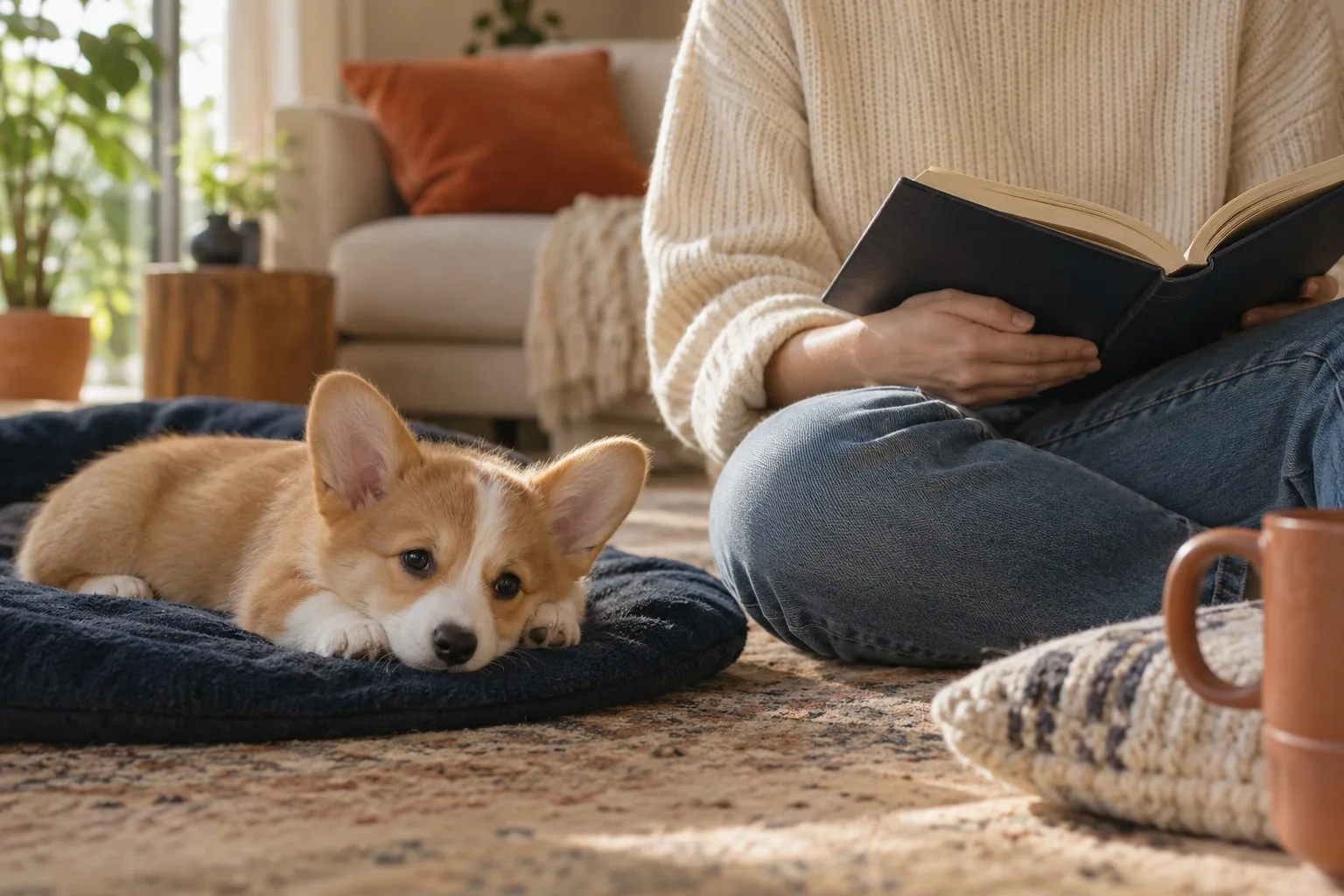 A Corgi puppy rests its head on a navy mat beside a person sitting on the rug reading a book, a terracotta mug nearby