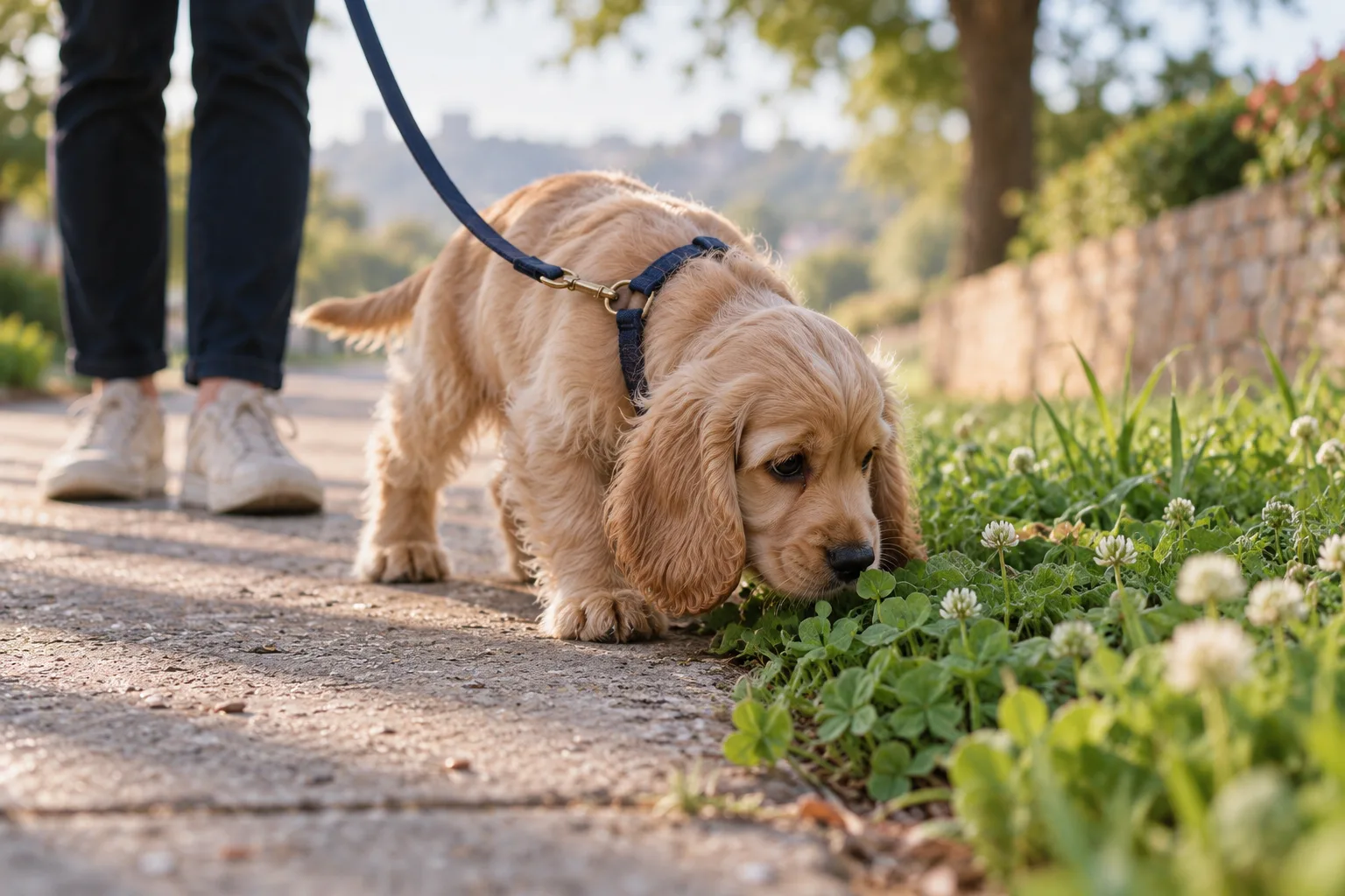 A cream cocker spaniel puppy on a navy leash sniffing clover at the edge of a sidewalk while a person waits behind
