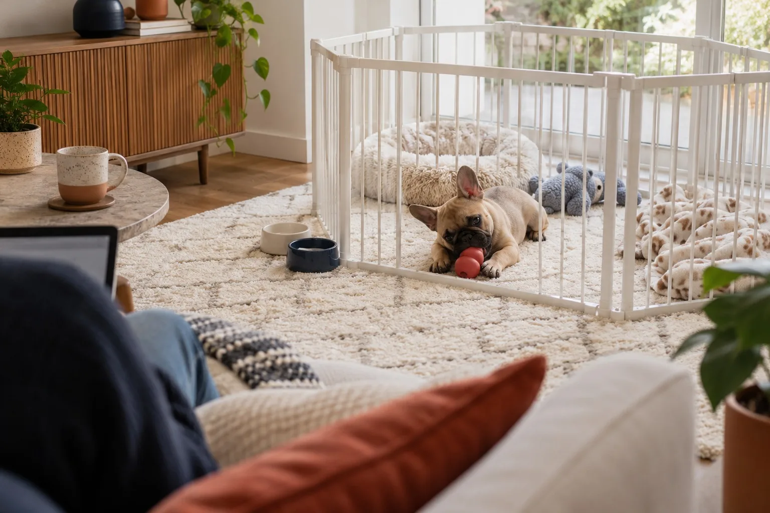 A fawn French bulldog puppy chews a toy inside a white metal playpen on a cream rug while a person works on a laptop on the sofa nearby