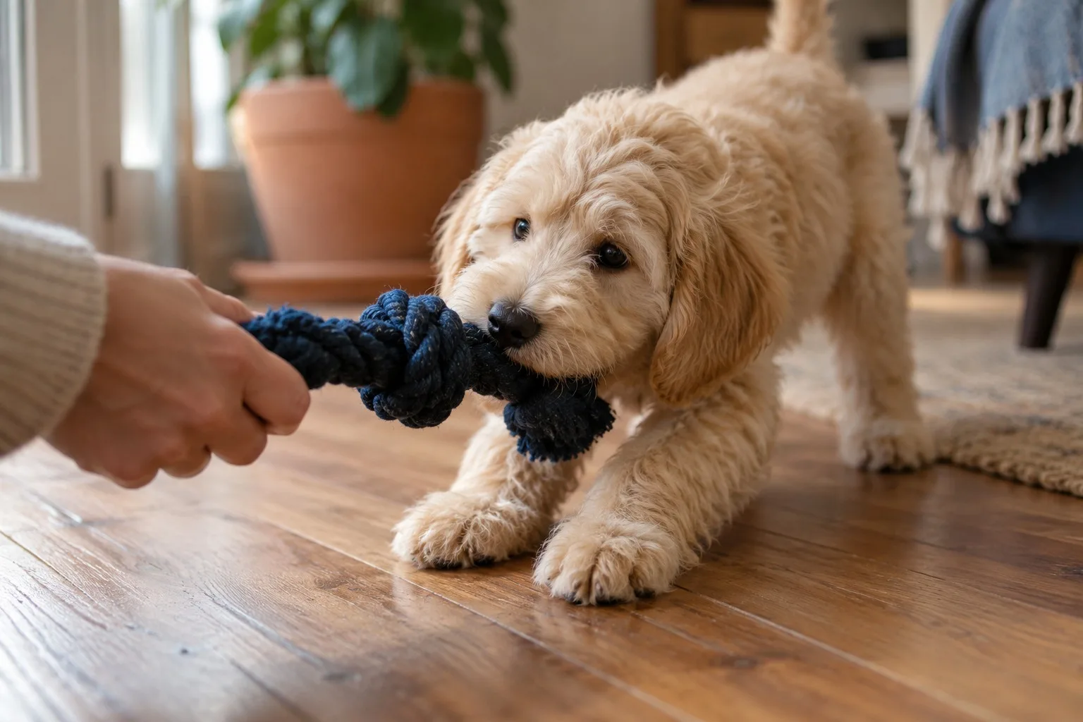 A fluffy apricot doodle puppy tugs on a navy rope toy held at the far end by a person's hand, well away from the puppy's teeth