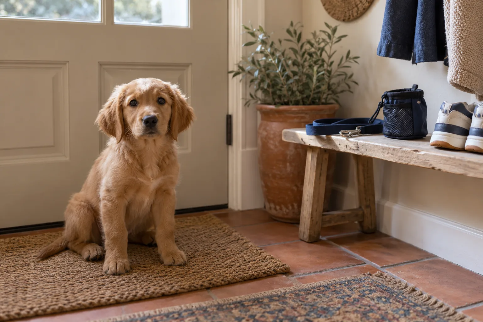 A fluffy golden puppy sitting on a woven doormat by a navy front door, with sneakers, a navy lead and a treat pouch on a wooden bench beside it