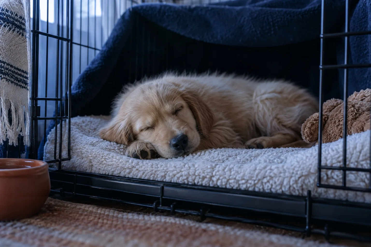 A fluffy puppy asleep on a fleece pad in a crate with a navy blanket draped over the top in early morning light