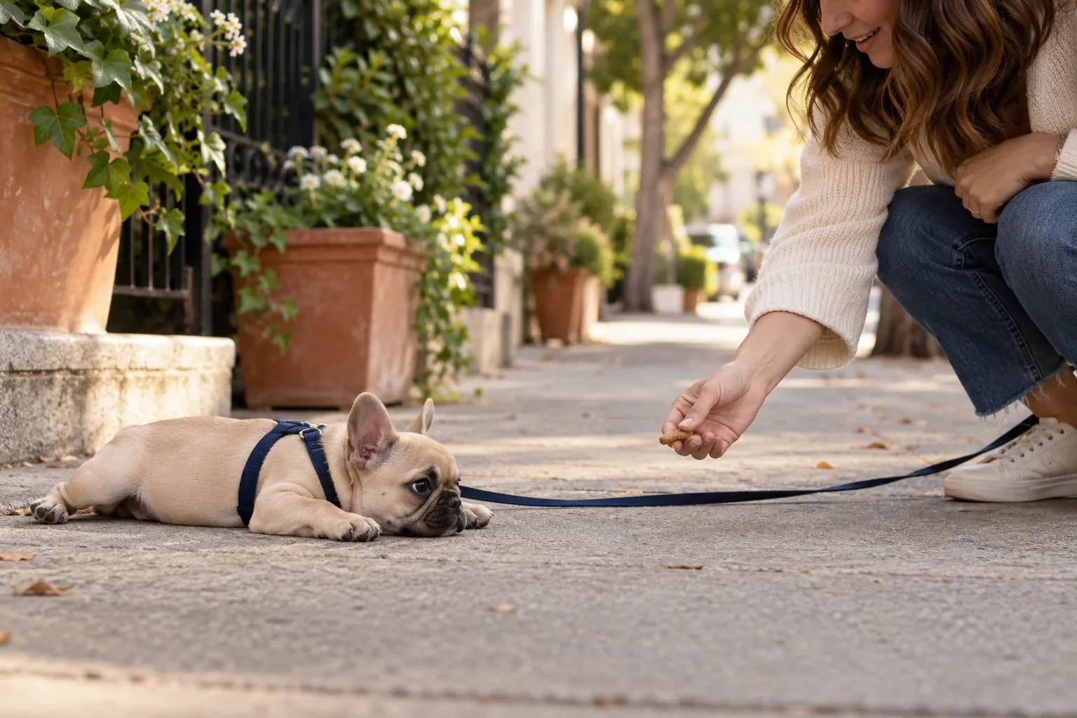 A french bulldog puppy in a navy harness lying flat on a sidewalk while a smiling person crouches ahead holding out a treat