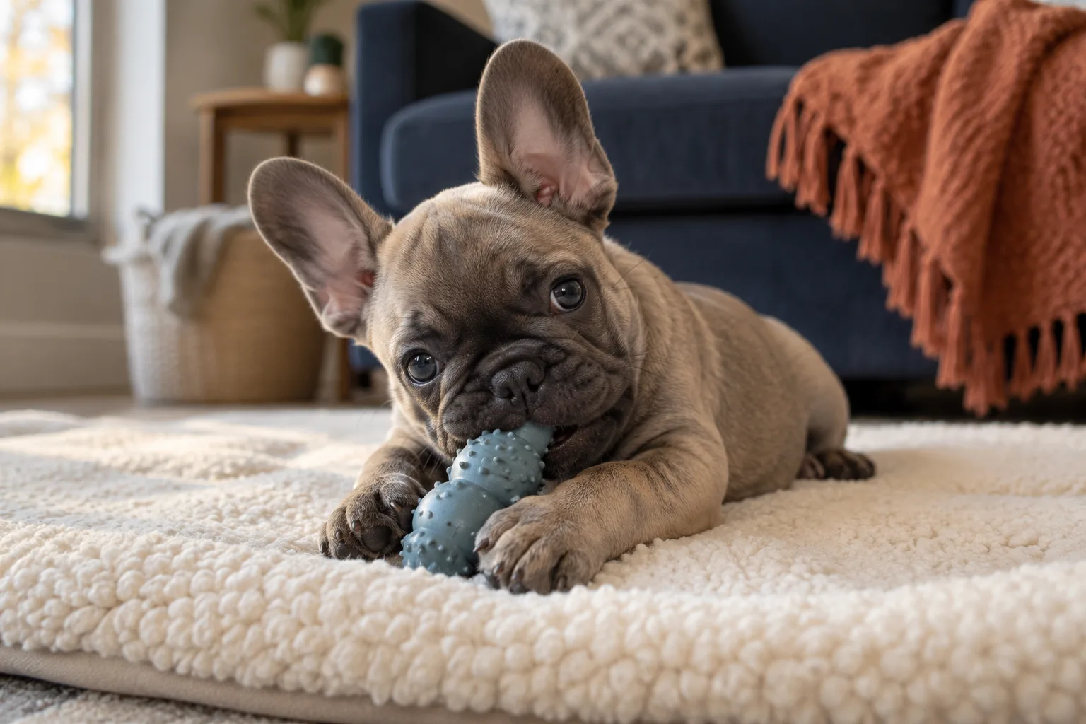 A French bulldog puppy lying on a cream fleece mat chewing a blue rubber toy, a navy sofa and terracotta throw behind it
