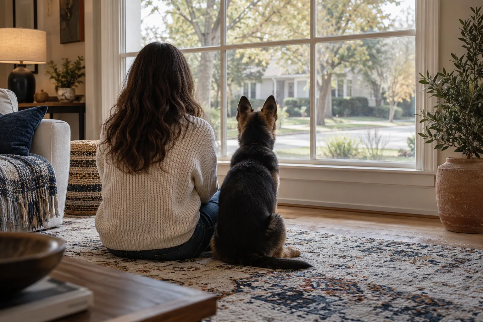 A German Shepherd puppy and a person sit side by side on a rug watching the street through a large living room window