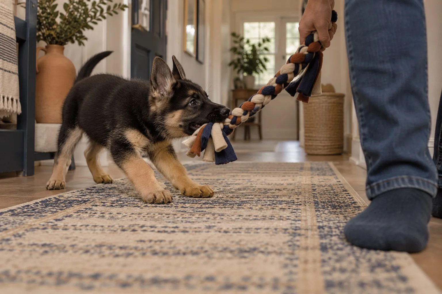 A German Shepherd puppy in a hallway tugs a braided fleece toy held low by a person in jeans and socks