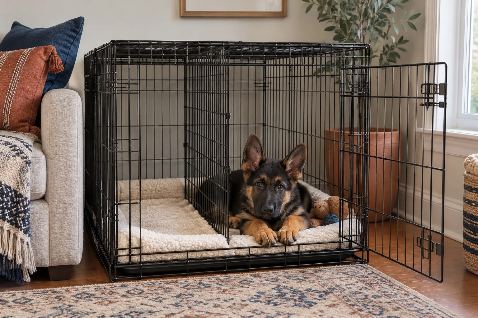 A German Shepherd puppy lies on a cream bed in a large black wire crate with a divider panel and the door open