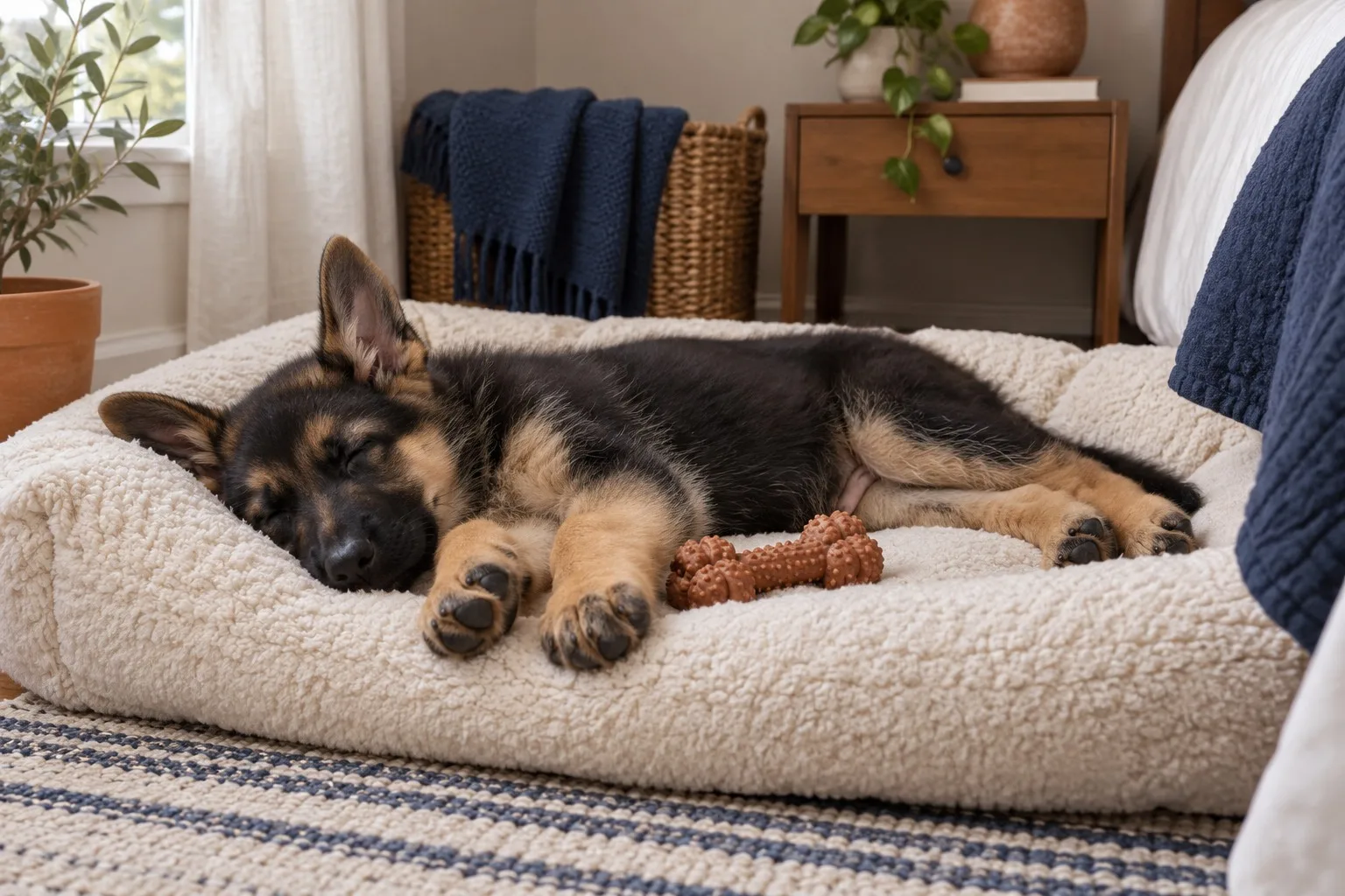 A German Shepherd puppy sleeps stretched out on a cream fleece bed in a bedroom corner with a terracotta chew toy beside it