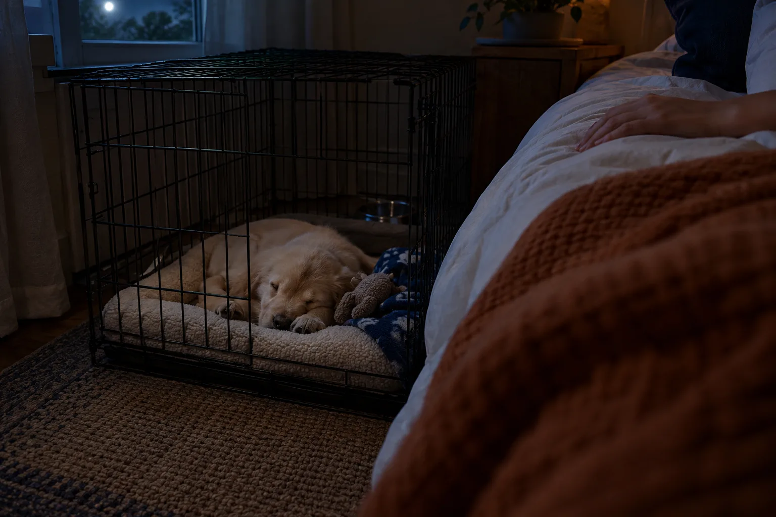 A golden puppy asleep in a wire crate right beside an adult's bed at night, a hand resting on the bed edge