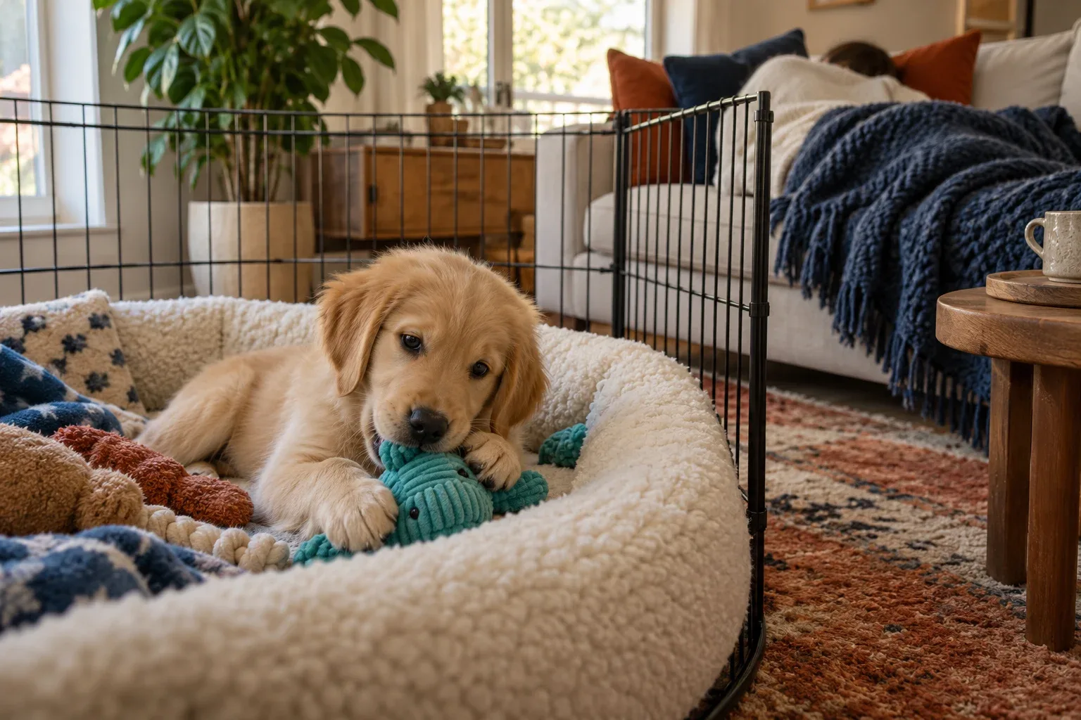 A golden puppy chews a teal toy on a bed inside a playpen while a person rests under a blanket on the sofa behind it