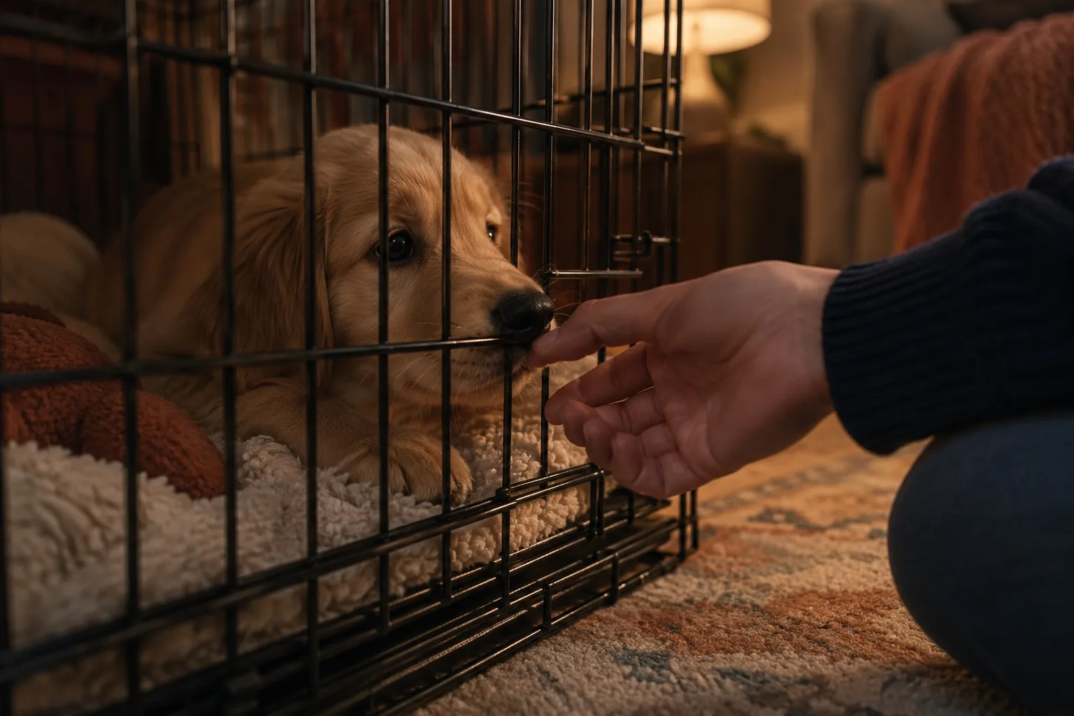 A golden puppy lying in a crate sniffs an adult's fingers through the bars in warm lamp light