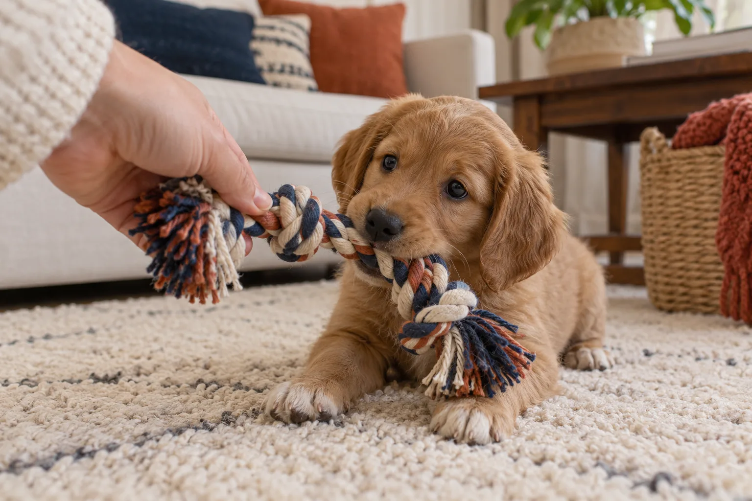 A golden puppy lying on a cream rug mouthing a navy, cream and terracotta rope toy held by a person's hand