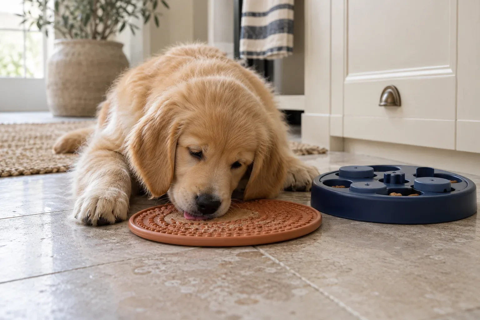 A golden puppy lying on a kitchen floor licks a terracotta lick mat next to a navy food puzzle toy