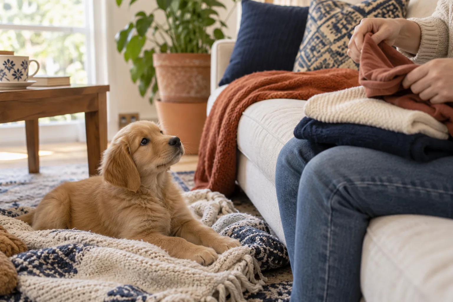 A golden puppy lying on a knitted throw on the floor watching a person fold a navy blanket on the sofa beside a laundry basket