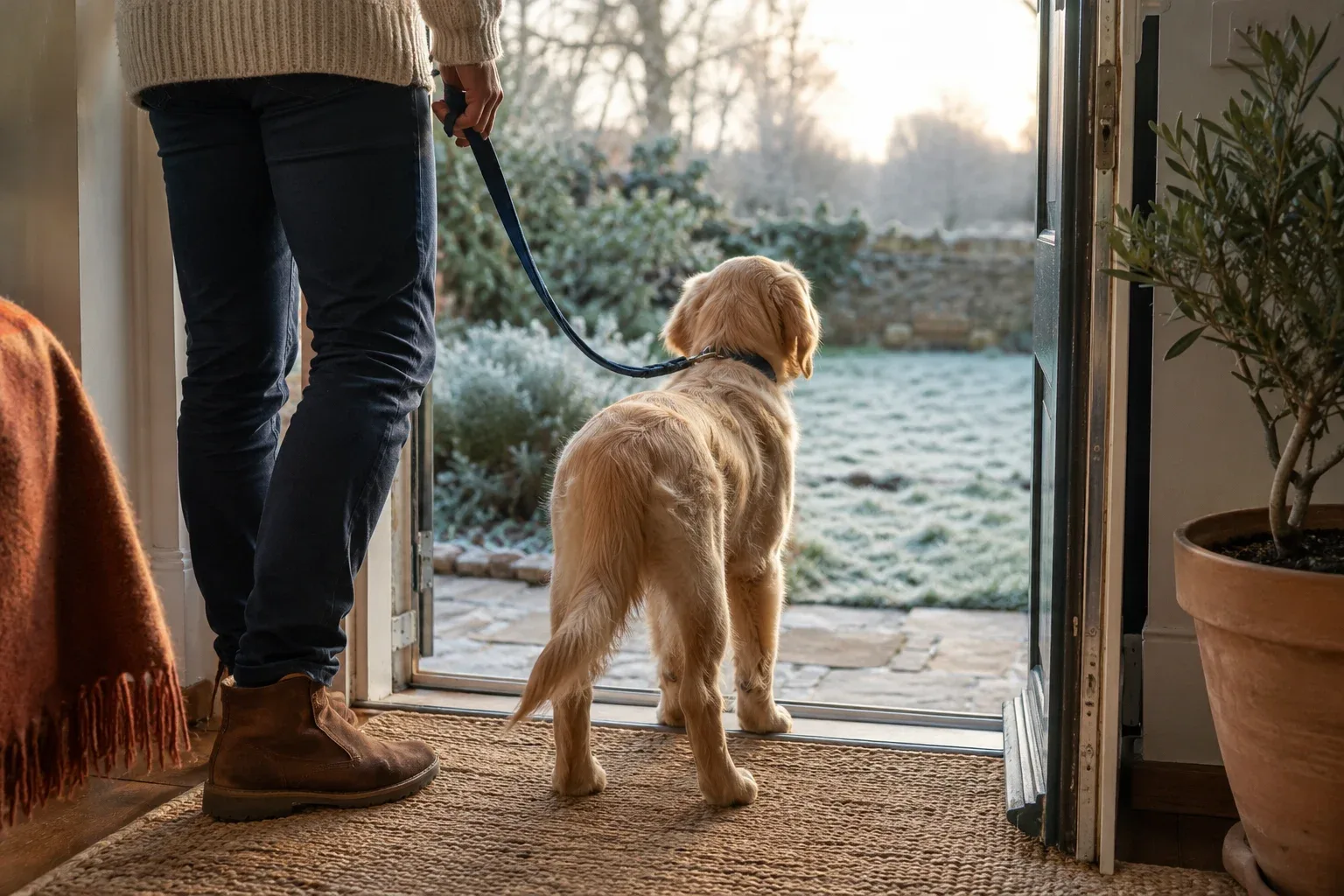 A golden puppy on a leash stands at an open back door looking out at a frosty yard while its owner holds the leash