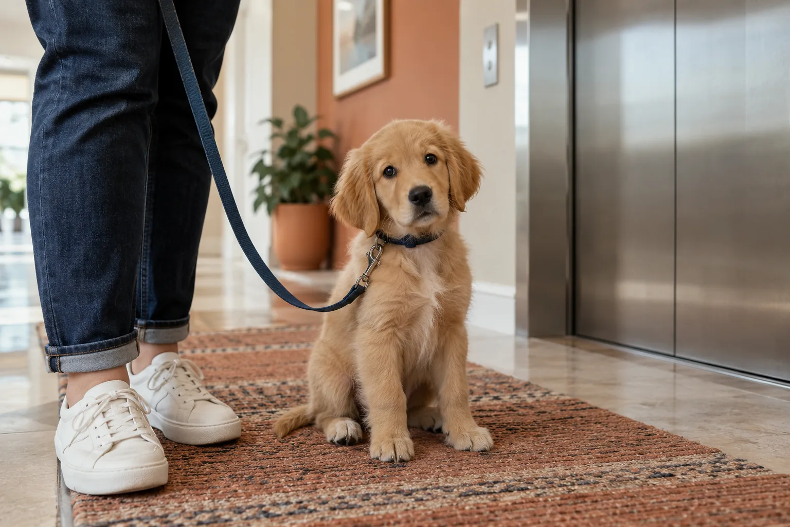 A golden puppy on a navy lead sitting on terracotta tiles next to a person's sneakers in an apartment hallway by an elevator
