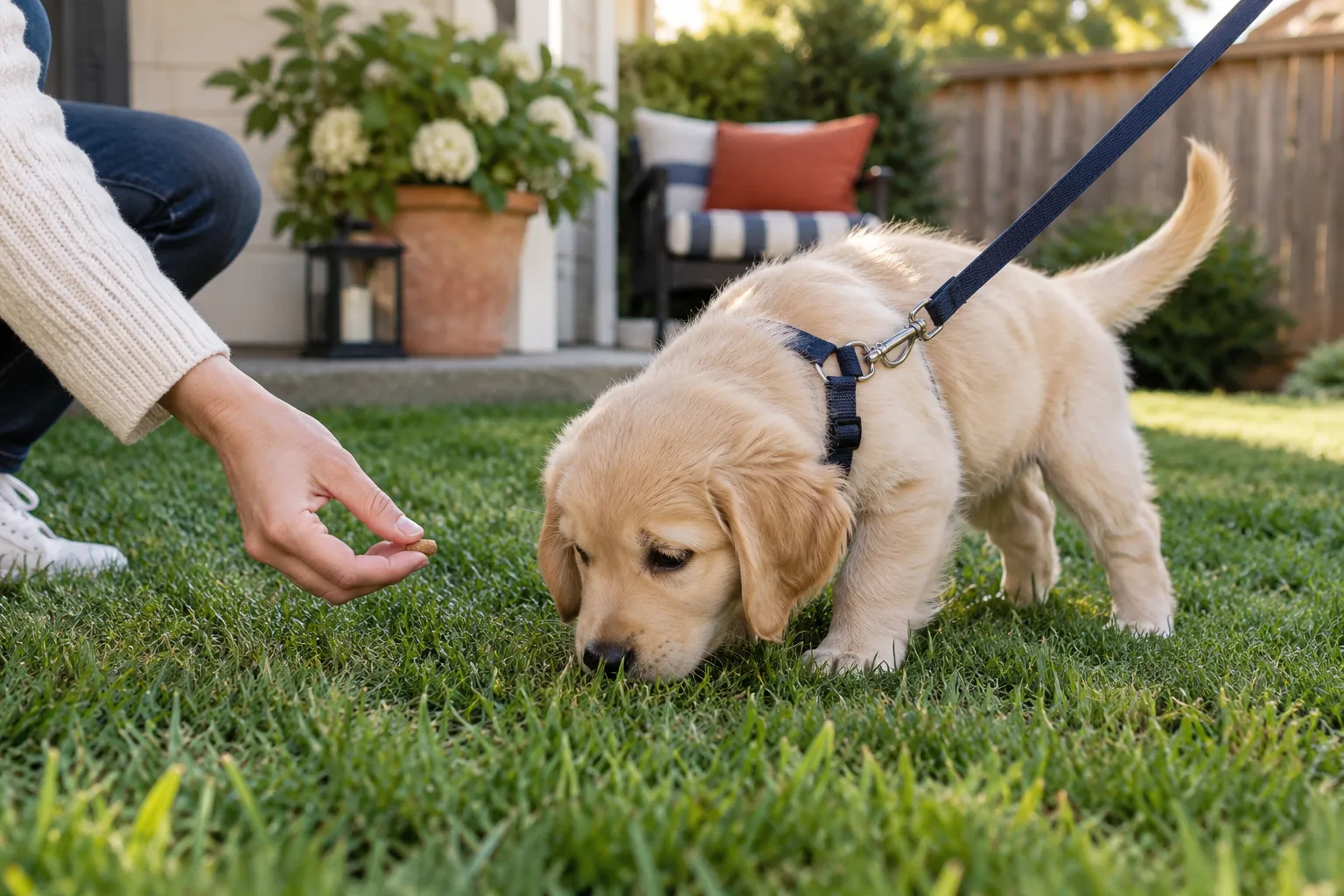 A golden puppy on a navy lead sniffing a grass potty spot in a fenced backyard while a hand holds a treat low nearby