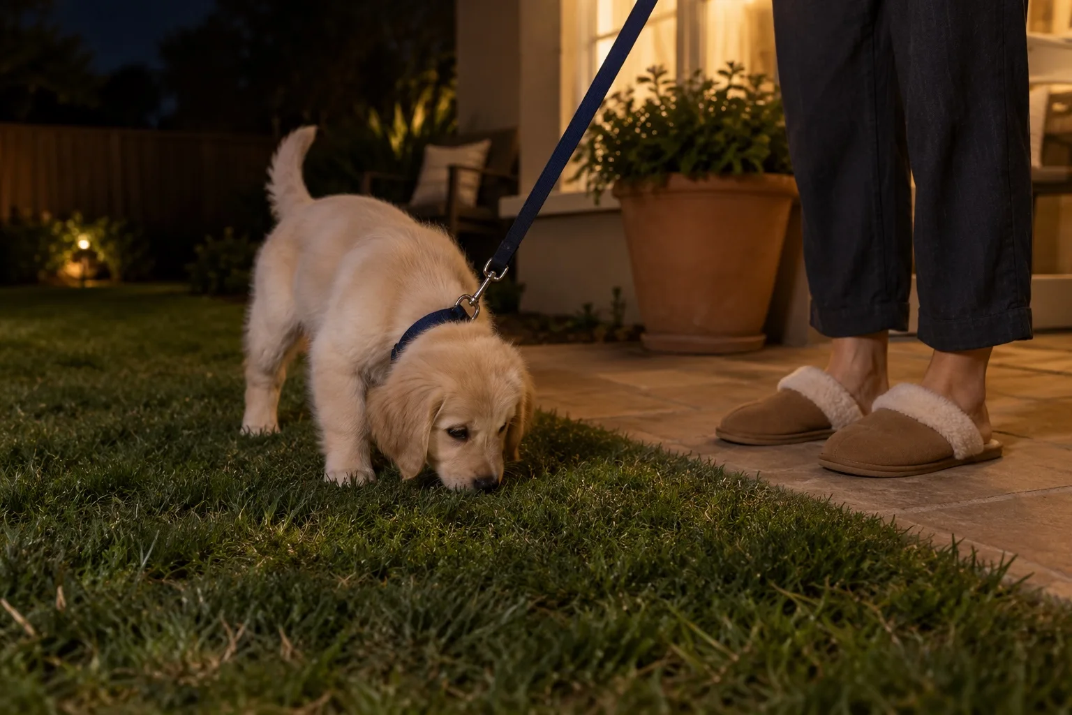 A golden puppy on a navy leash sniffs the lawn at night under a porch light, an adult in slippers beside it
