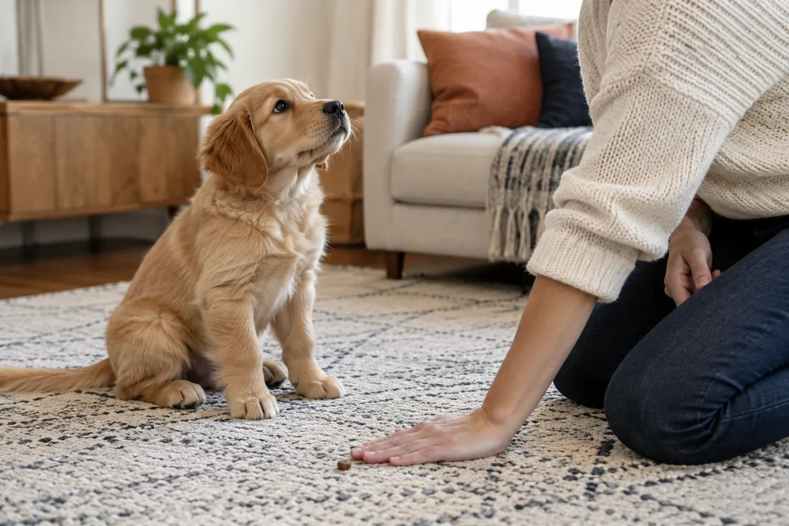 A golden puppy sits on a rug looking up at a kneeling person who covers a treat on the floor with one flat hand