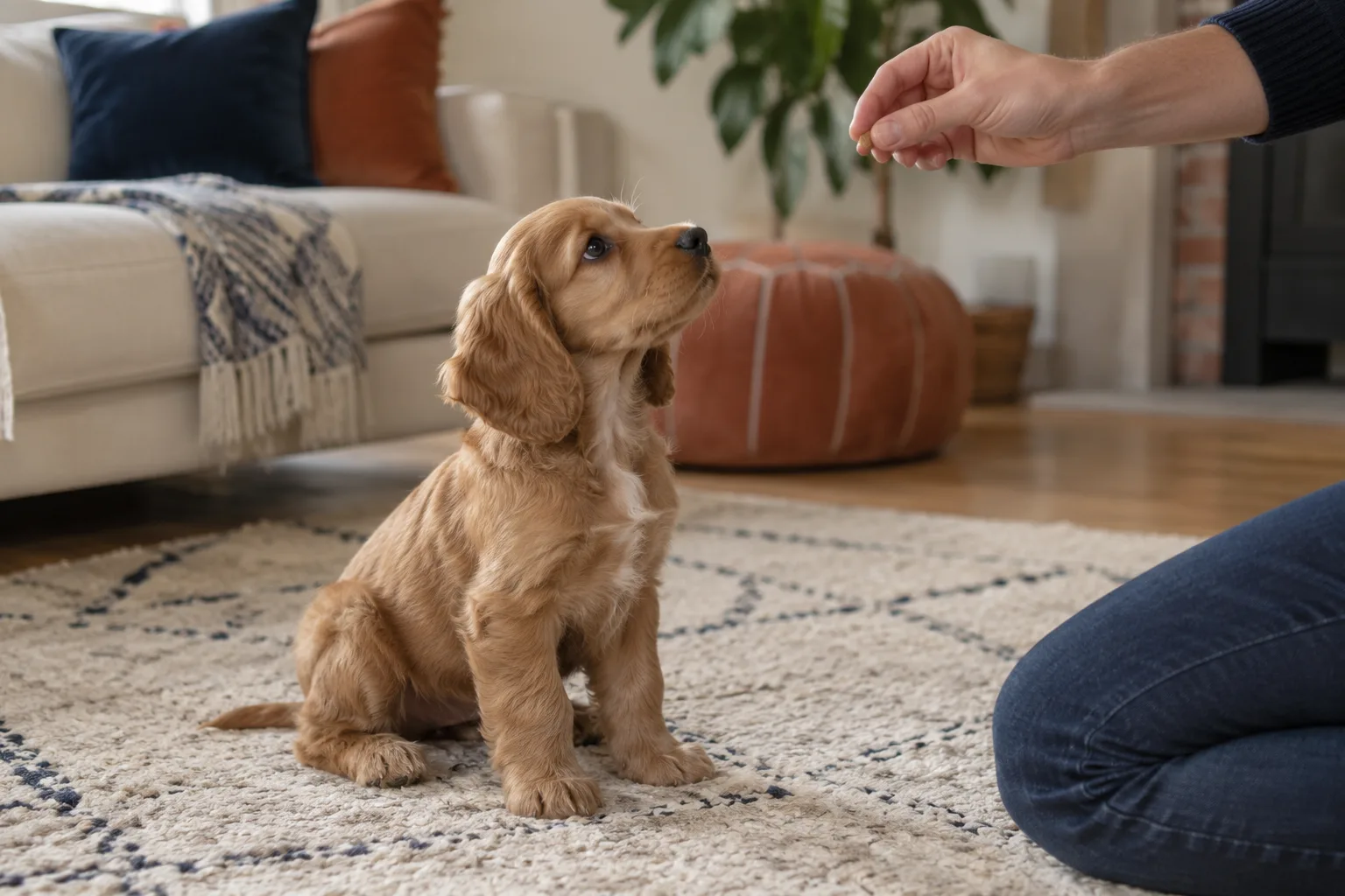 A golden puppy sitting on a cream rug looking up at a person's hand holding a small treat in a living room