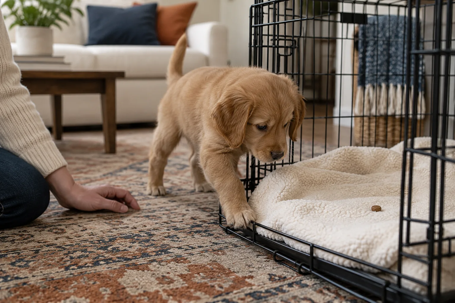 A golden puppy stepping toward an open wire crate with a fleece blanket and a treat inside while a person's hand rests on the rug