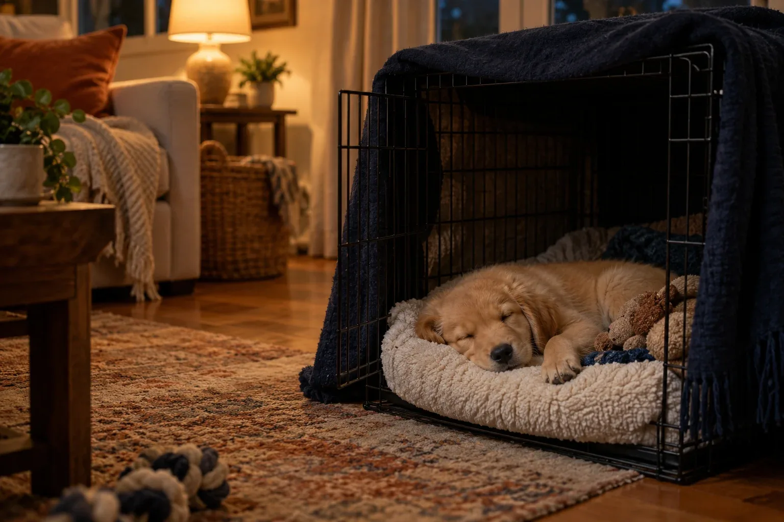 A golden retriever puppy asleep on a fleece bed inside an open wire crate draped with a navy blanket in a lamp-lit living room