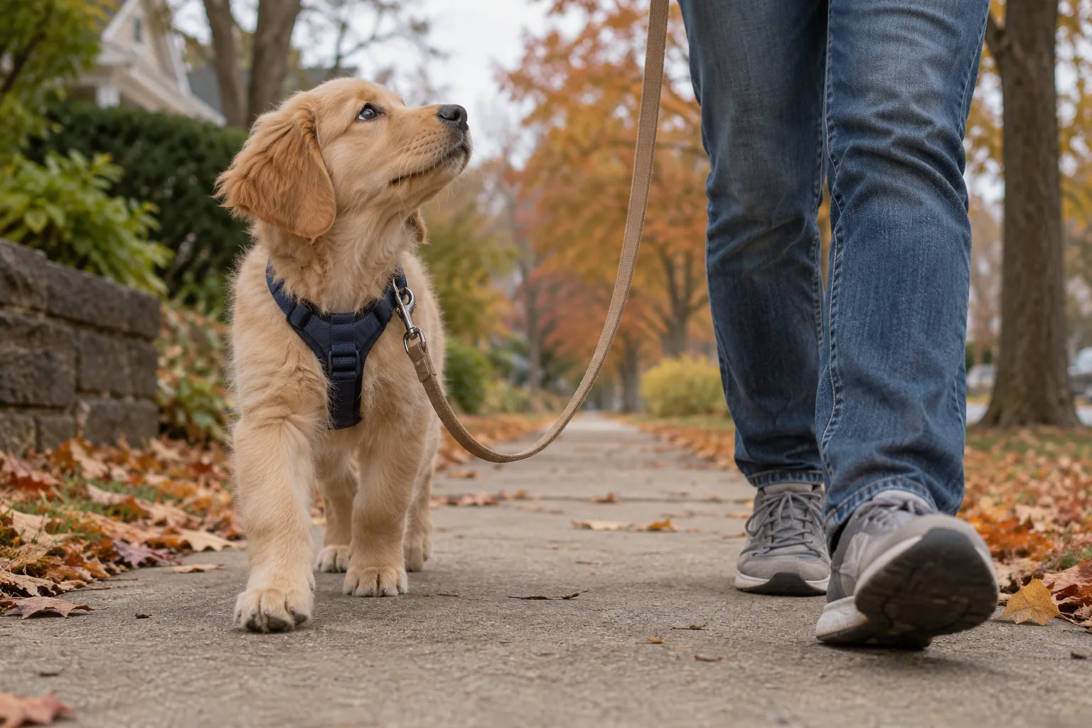 A golden retriever puppy in a navy harness walking beside a person on an autumn sidewalk, looking up, the lead slack